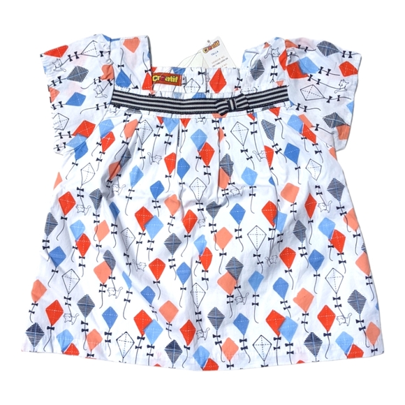 Creatif Other - Creatif Girls "Kite and Cat" Button Up Back Bow Front  White/Oange/Blue Top